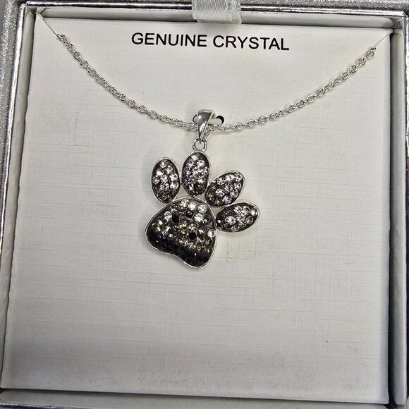 Genuine Crystal Jewelry - Silver Brass Crystal Pendant - Paw Print - Black, Gray, Silver Crystals